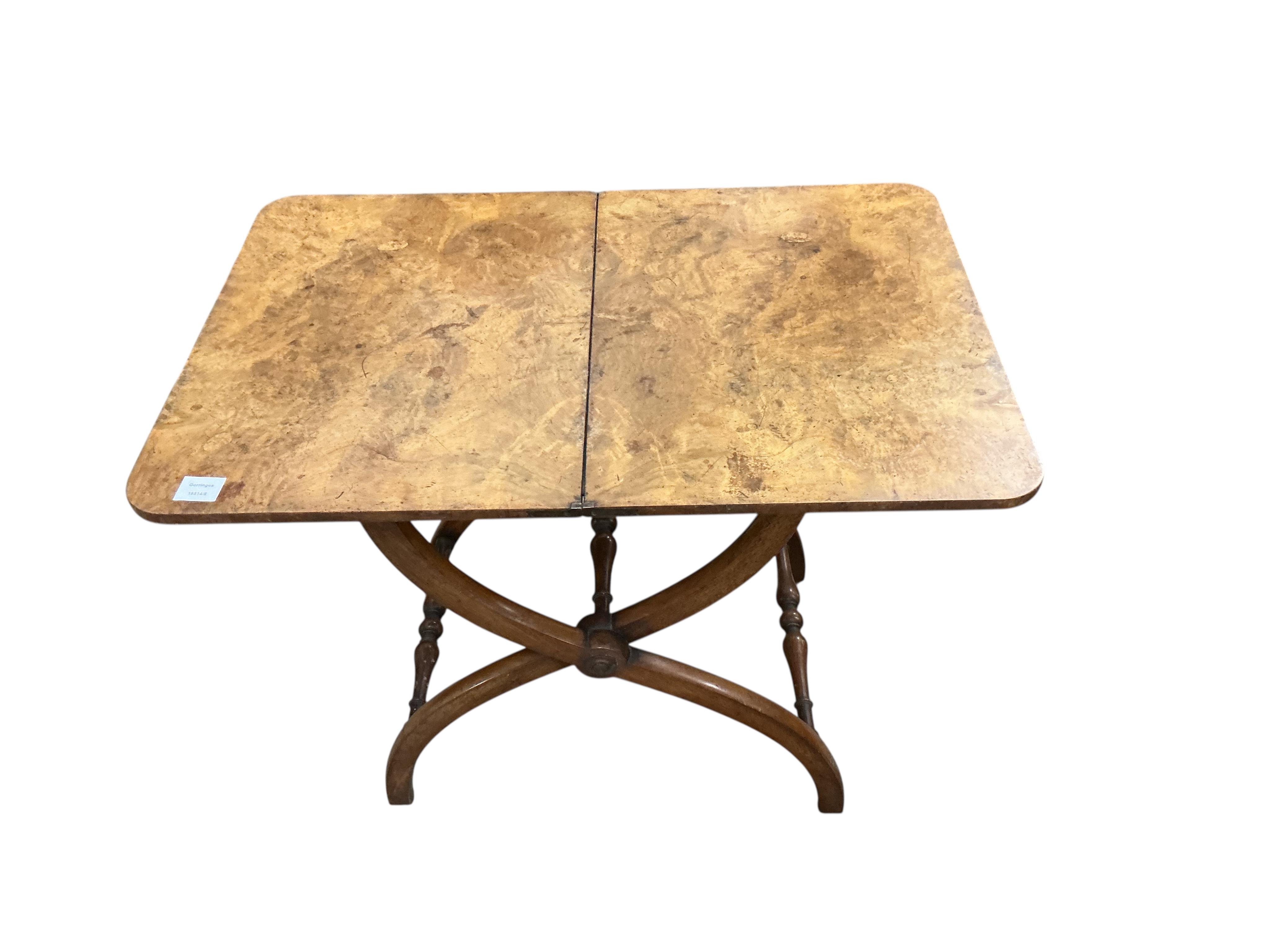 A Victorian burr walnut and mahogany rectangular folding coaching table, width 86cm, depth 58cm, height 70cm